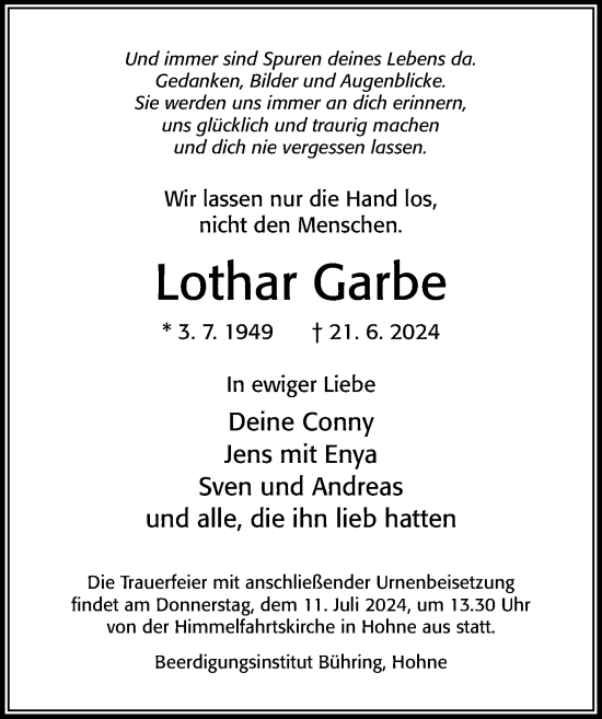 Traueranzeige von Lothar Garbe von Cellesche Zeitung
