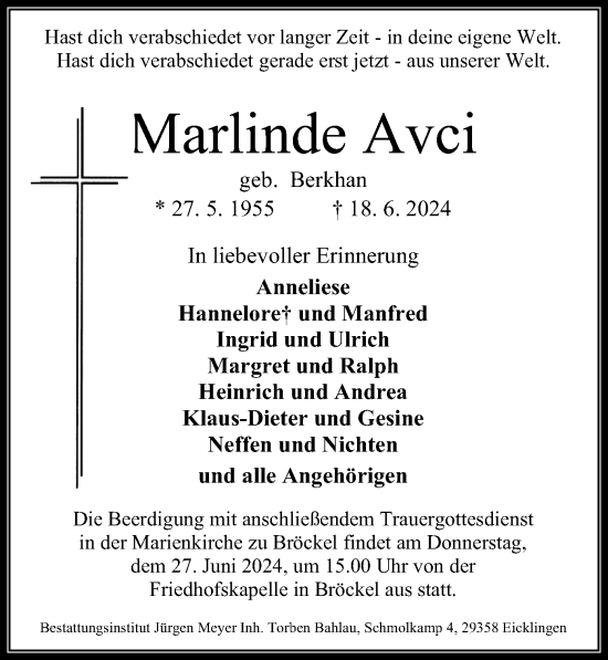 Traueranzeige von Marlinde Avci von Cellesche Zeitung