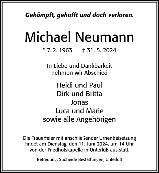 Traueranzeige von Michael Neumann von Cellesche Zeitung