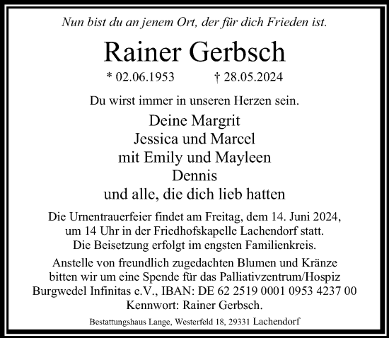 Traueranzeige von Rainer Gerbsch von Cellesche Zeitung