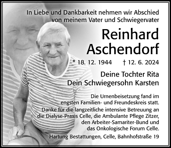 Traueranzeige von Reinhard Aschendorf von Cellesche Zeitung