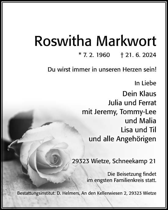 Traueranzeige von Roswitha Markwort von Cellesche Zeitung