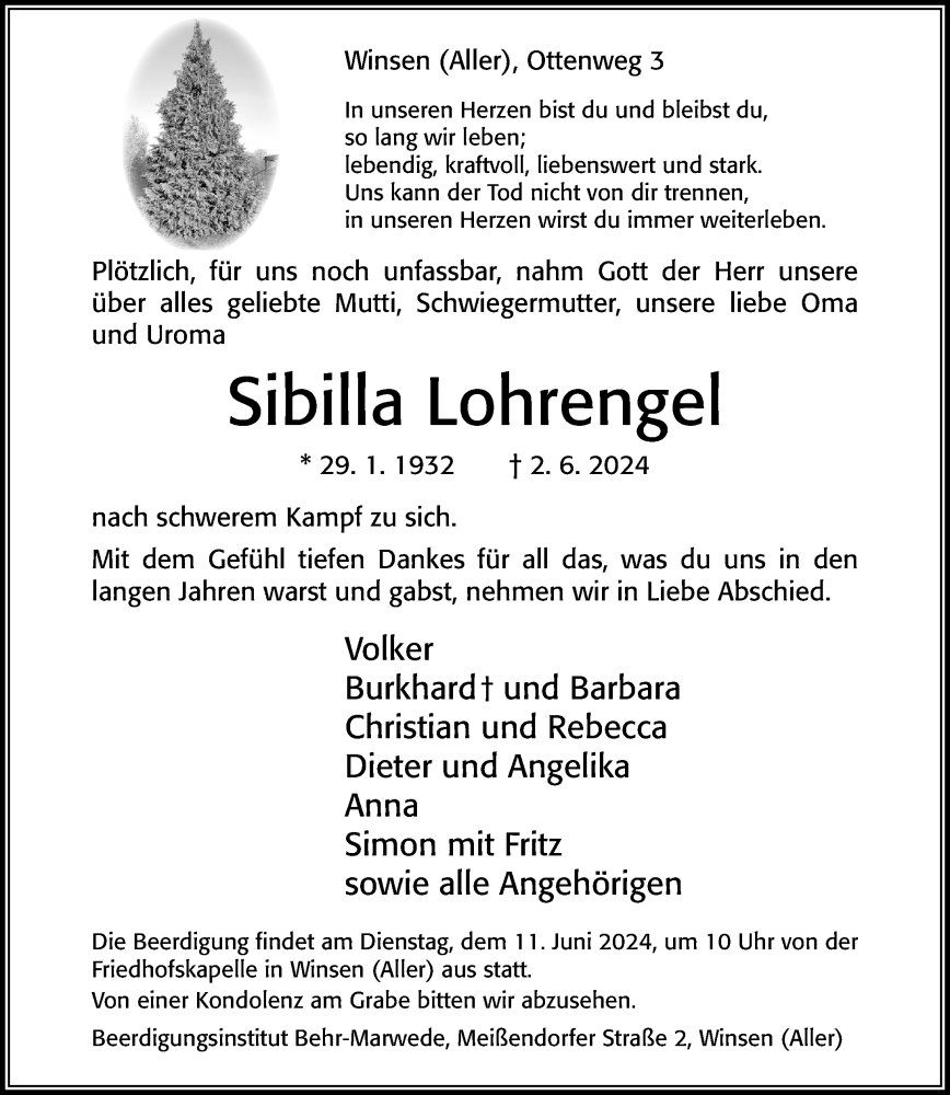  Traueranzeige für Sibilla Lohrengel vom 08.06.2024 aus Cellesche Zeitung