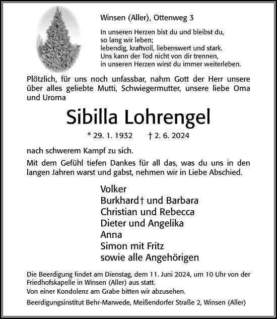 Traueranzeige von Sibilla Lohrengel von Cellesche Zeitung