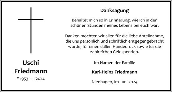 Traueranzeige von Uschi Friedmann von Cellesche Zeitung