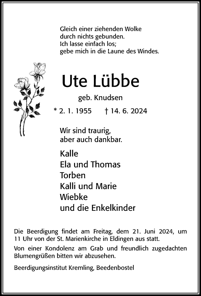  Traueranzeige für Ute Lübbe vom 18.06.2024 aus Cellesche Zeitung