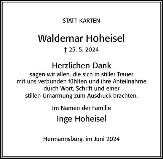 Traueranzeige von Waldemar Hoheisel von Cellesche Zeitung