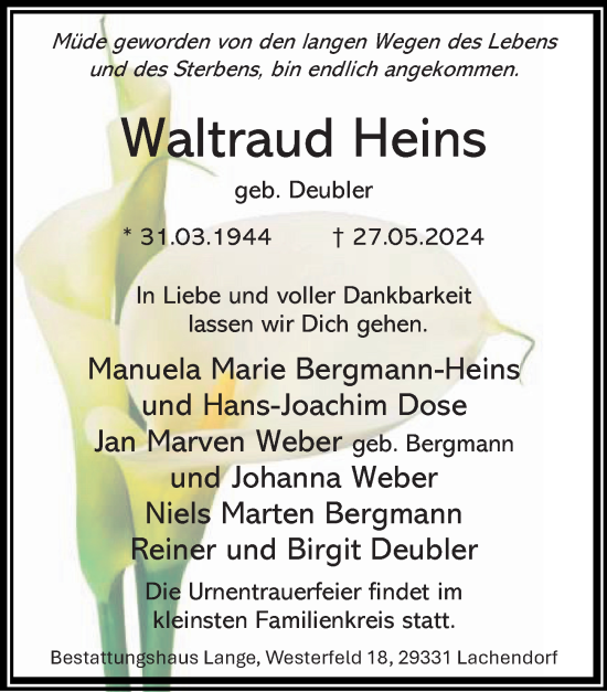 Traueranzeige von Waltraud Heins von Cellesche Zeitung