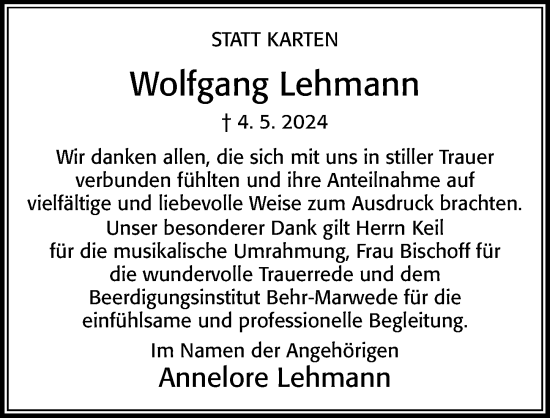 Traueranzeige von Wolfgang Lehmann von Cellesche Zeitung