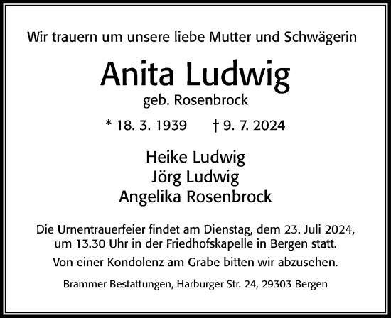 Traueranzeige von Anita Ludwig von Cellesche Zeitung