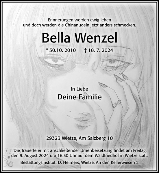 Traueranzeige von Bella Wenzel von Cellesche Zeitung