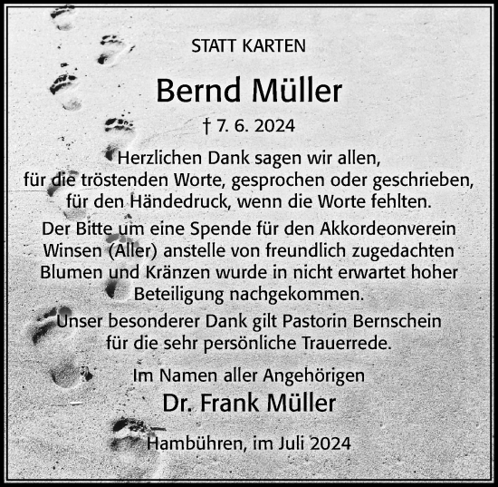 Traueranzeige von Bernd Müller von Cellesche Zeitung