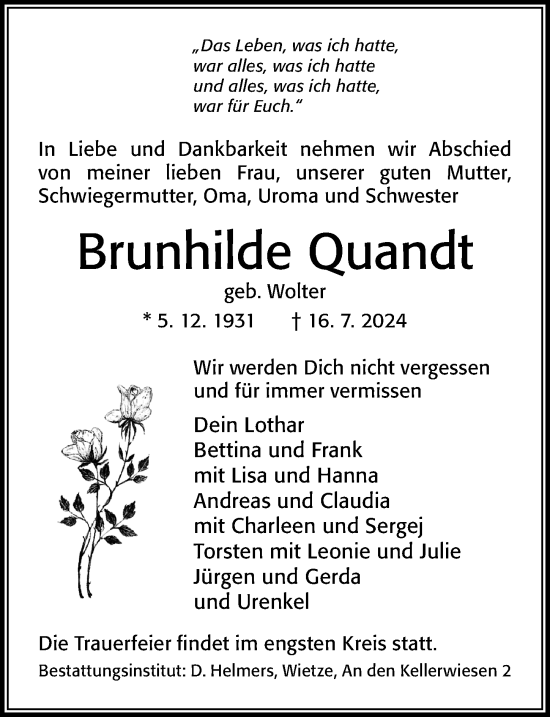 Traueranzeige von Brunhilde Quandt von Cellesche Zeitung
