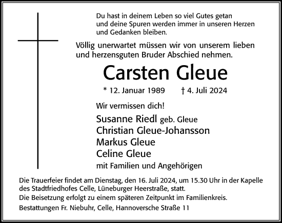 Traueranzeige von Carsten Gleue von Cellesche Zeitung