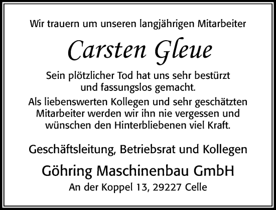 Traueranzeige von Carsten Gleue von Cellesche Zeitung