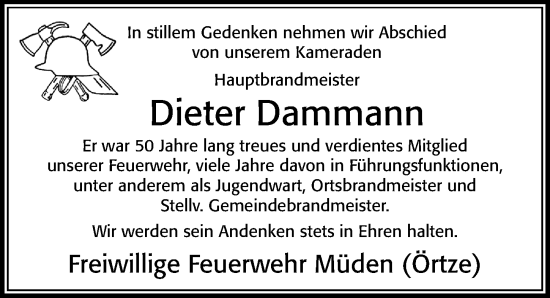 Traueranzeige von Dieter Dammann von Cellesche Zeitung