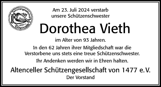 Traueranzeige von Dorothea Vieth von Cellesche Zeitung