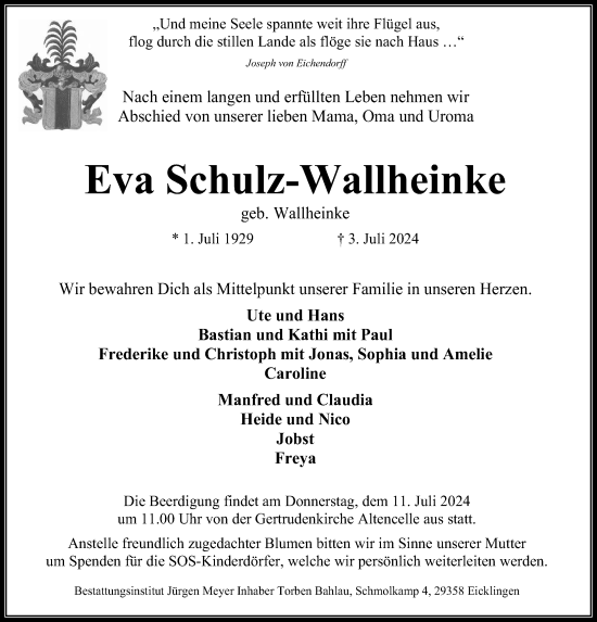 Traueranzeige von Eva Schulz-Wallheinke von Cellesche Zeitung