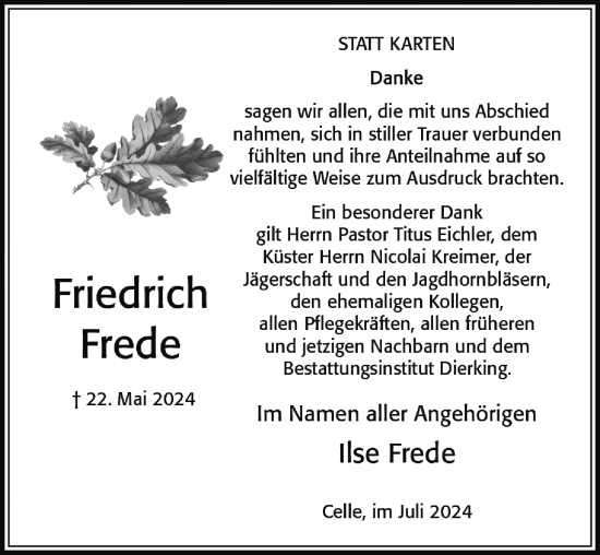 Traueranzeige von Friedrich Frede von Cellesche Zeitung