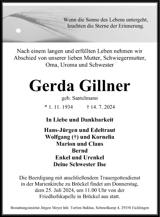 Traueranzeige von Gerda Gillner von Cellesche Zeitung