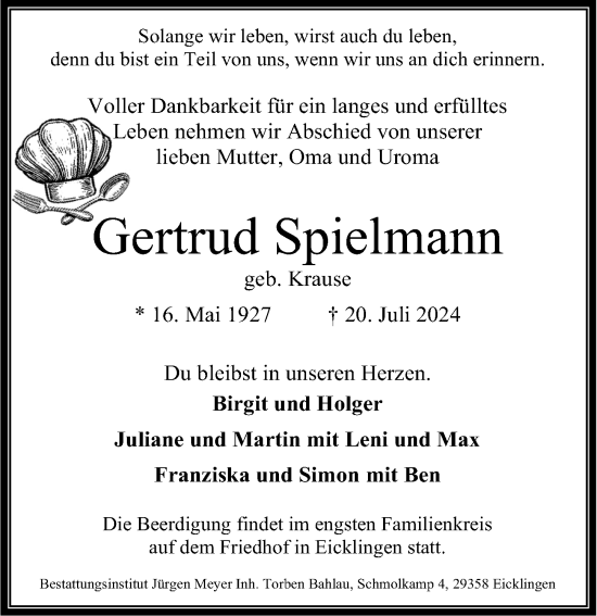 Traueranzeige von Gertrud Spielmann von Cellesche Zeitung