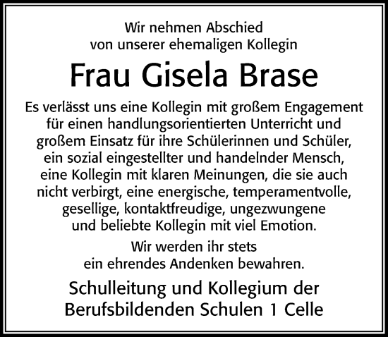 Traueranzeige von Gisela Brase von Cellesche Zeitung