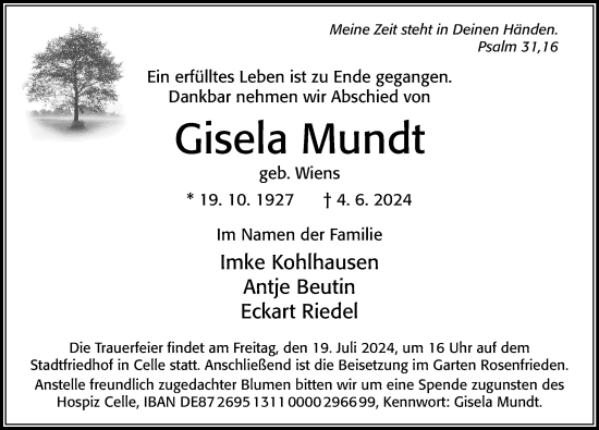 Traueranzeige von Gisela Mundt von Cellesche Zeitung