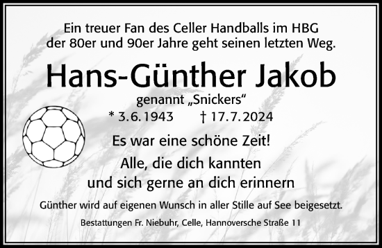 Traueranzeige von Hans-Günther Jakob von Cellesche Zeitung