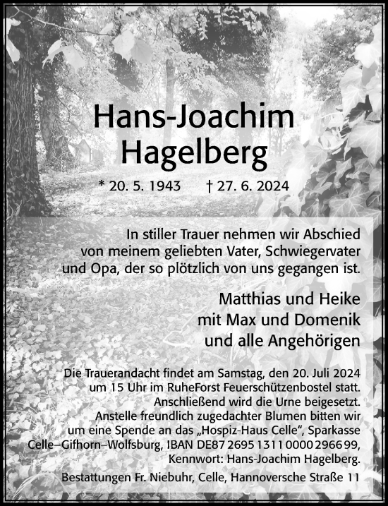 Traueranzeige von Hans-Joachim Hagelberg von Cellesche Zeitung