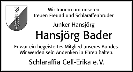 Traueranzeige von Hansjörg Bader von Cellesche Zeitung