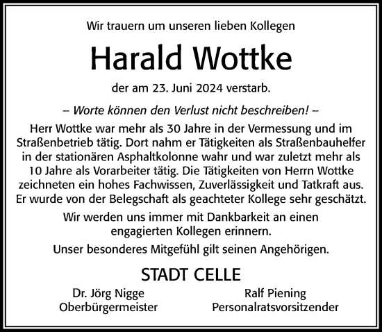 Traueranzeige von Harald Wottke von Cellesche Zeitung