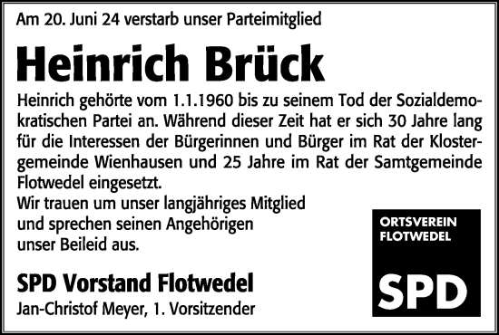 Traueranzeige von Heinrich Brück von Cellesche Zeitung