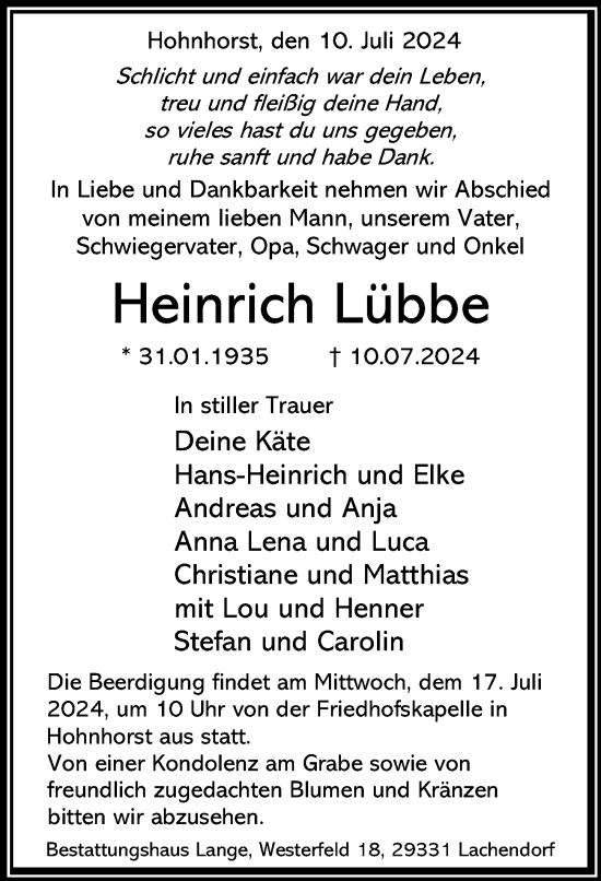 Traueranzeige von Heinrich Lübbe von Cellesche Zeitung