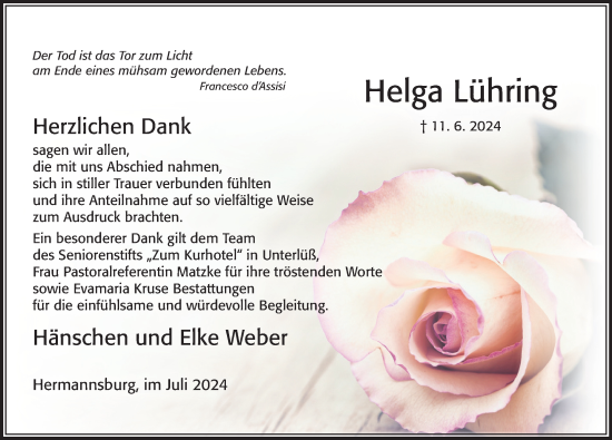 Traueranzeige von Helga Lühring von Cellesche Zeitung