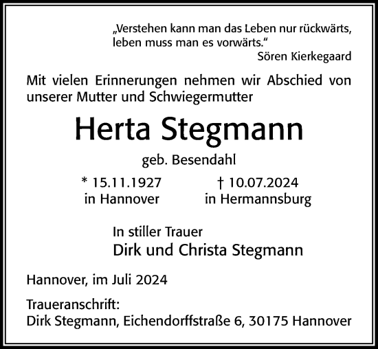 Traueranzeige von Herta Stegmann von Cellesche Zeitung