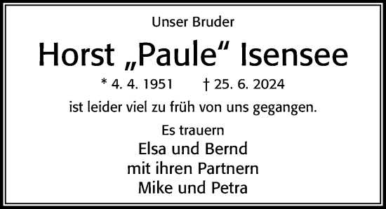 Traueranzeige von Horst  Isensee von Cellesche Zeitung