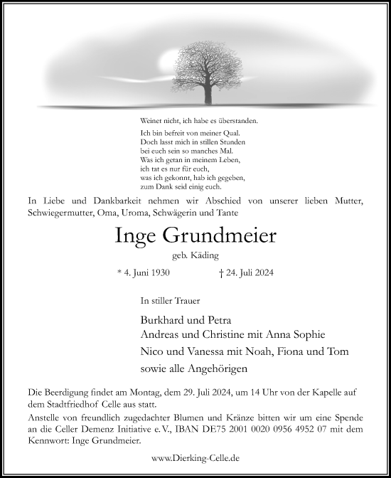 Traueranzeige von Inge Grundmeier von Cellesche Zeitung