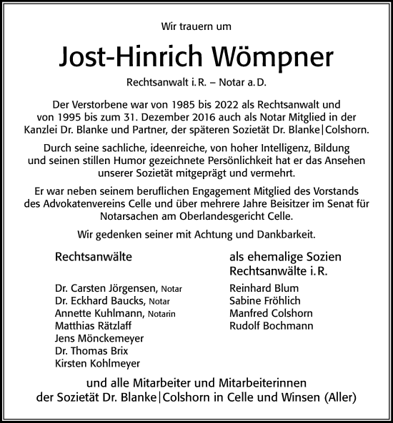 Traueranzeige von Jost-Hinrich Wömpner von Cellesche Zeitung