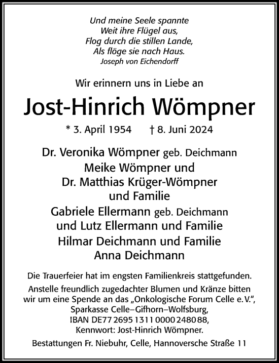 Traueranzeige von Jost-Hinrich Wömpner von Cellesche Zeitung