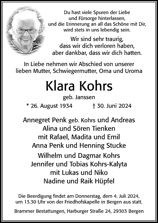 Traueranzeige von Klara Kohrs von Cellesche Zeitung