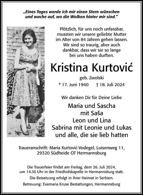 Traueranzeige von Kristina Kurtovic von Cellesche Zeitung