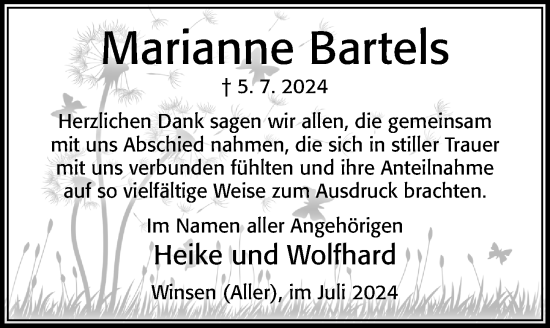 Traueranzeige von Marianne Bartels von Cellesche Zeitung