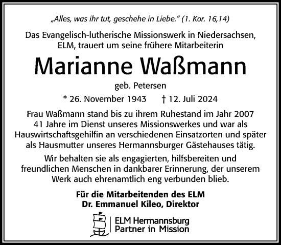 Traueranzeige von Marianne Waßmann von Cellesche Zeitung