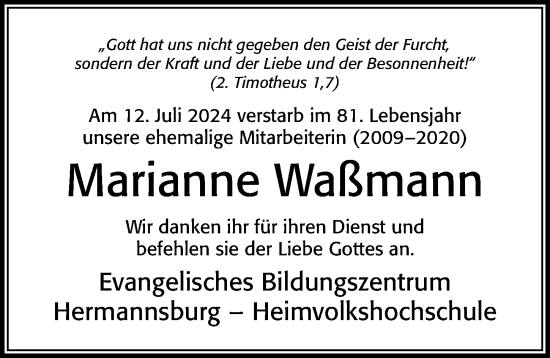 Traueranzeige von Marianne Waßmann von Cellesche Zeitung