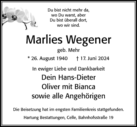 Traueranzeige von Marlies Wegener von Cellesche Zeitung