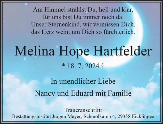 Traueranzeige von Melina Hope Hartfelder von Cellesche Zeitung