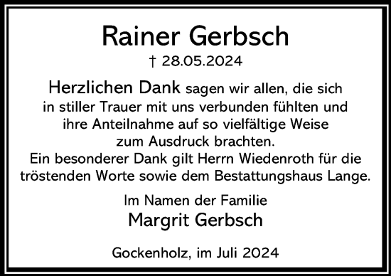 Traueranzeige von Rainer Gerbsch von Cellesche Zeitung