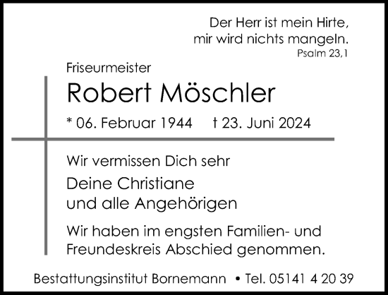 Traueranzeige von Robert Möschler von Cellesche Zeitung