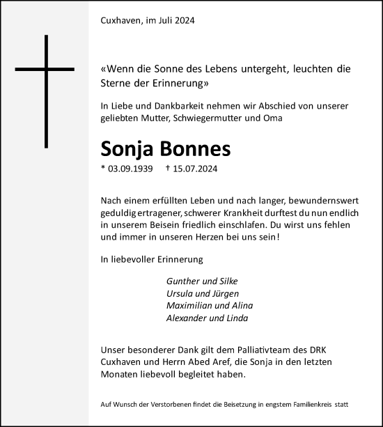 Traueranzeige von Sonja Bonnes von Cellesche Zeitung