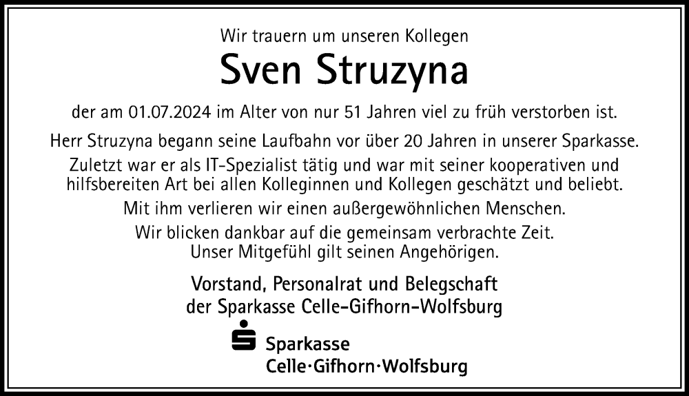  Traueranzeige für Sven Struzyna vom 08.07.2024 aus Cellesche Zeitung